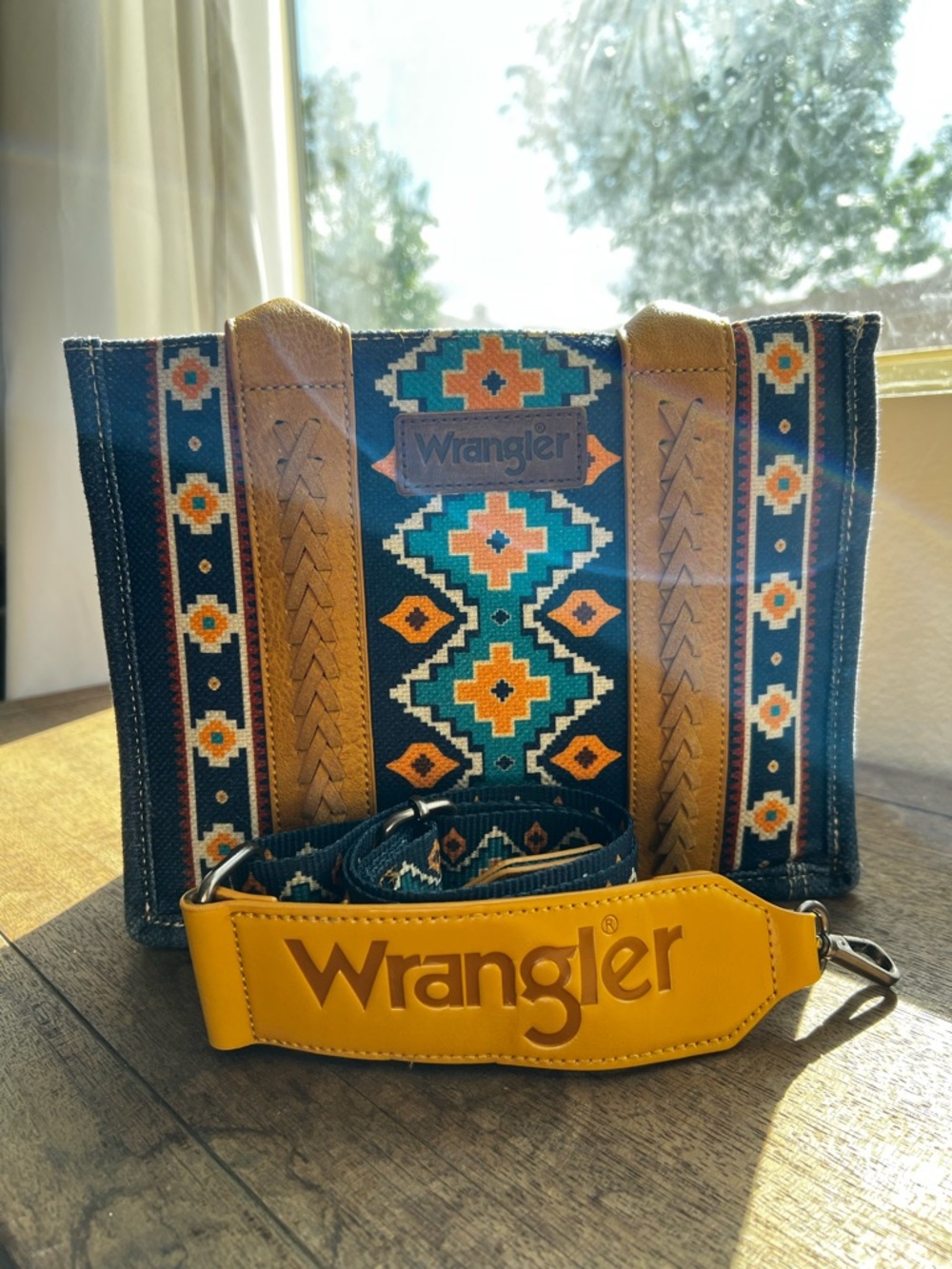 Wrangler Aztec Tote in Navy, Teal & Tan with Branded Strap
